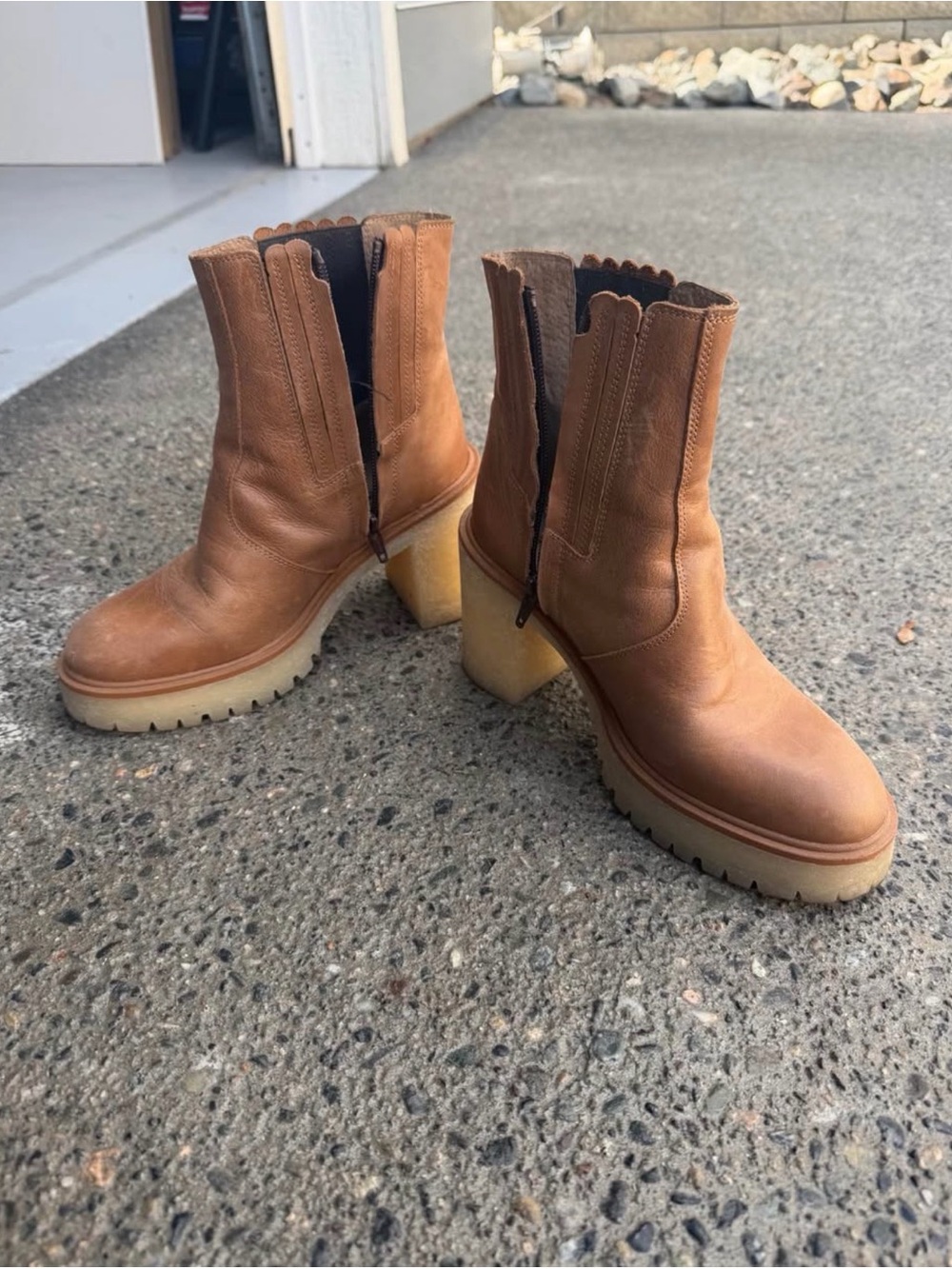 Free People Cognac Leather Chunky Heel Ankle Boots
